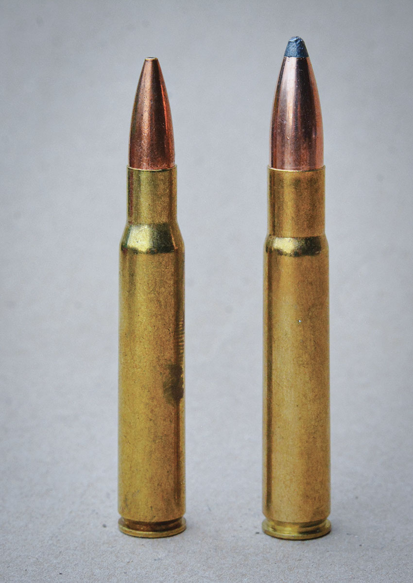 The 35 Whelen (right) is based on a necked-up 30-06 Springfield (left) case.